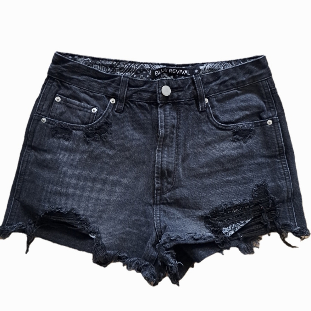 BLUE REVIVAL Black Denim Distressed Bandana Design Jean Shorts Women's Size 27